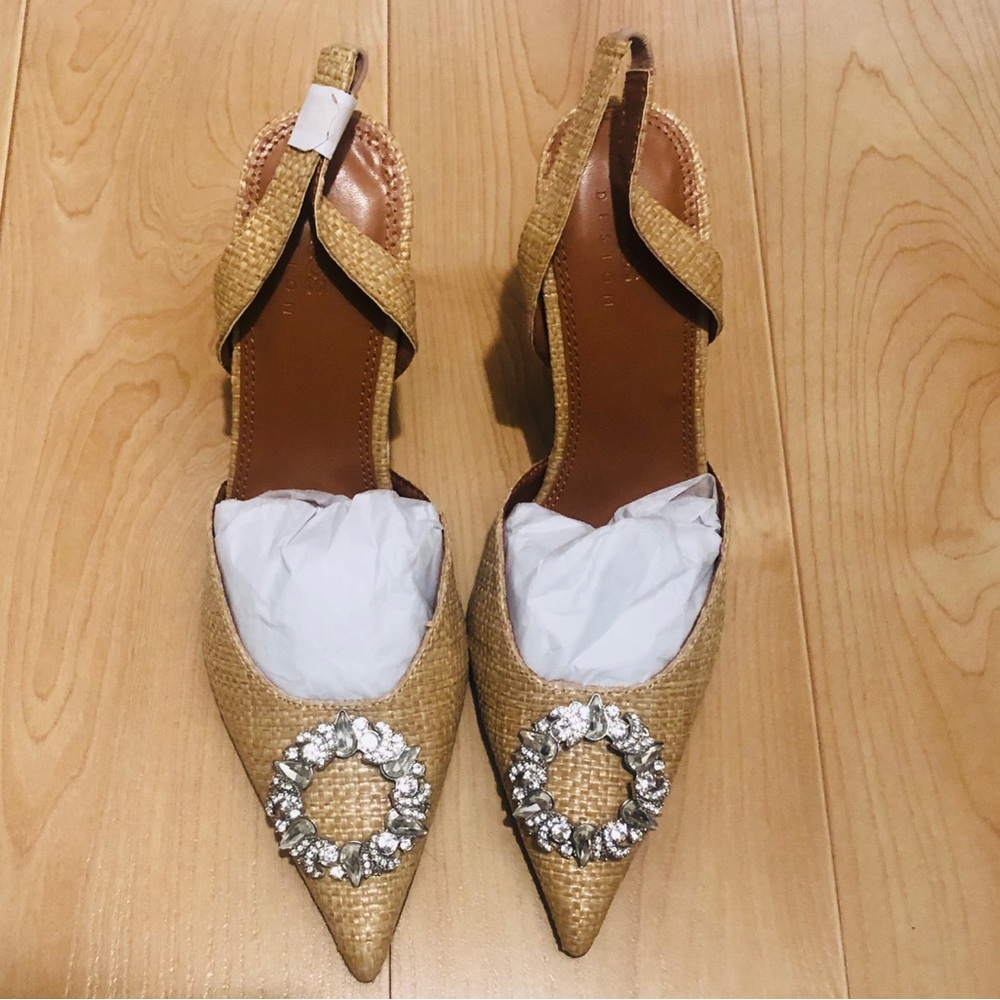 NWT 😍 ASOS Woven Straw Pointed Slingback High Heels with Crystal Embellishment